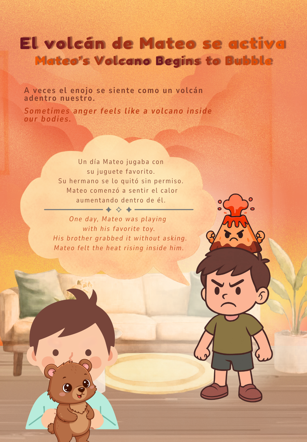 Children's book illustration with two characters and a bear toy