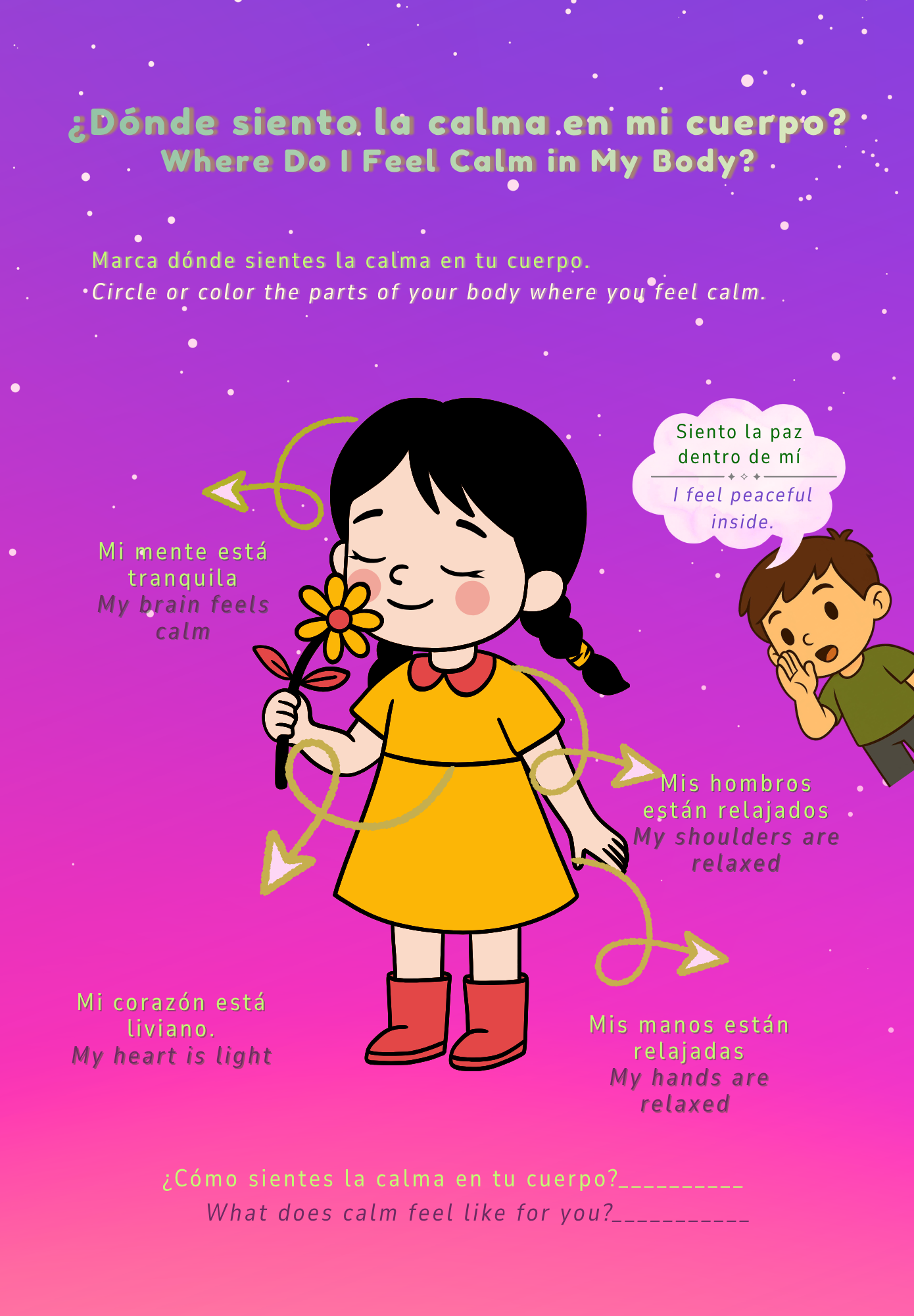 Educational children's book page with a girl holding a flower, asking where they feel calm in their body on a purple background.
