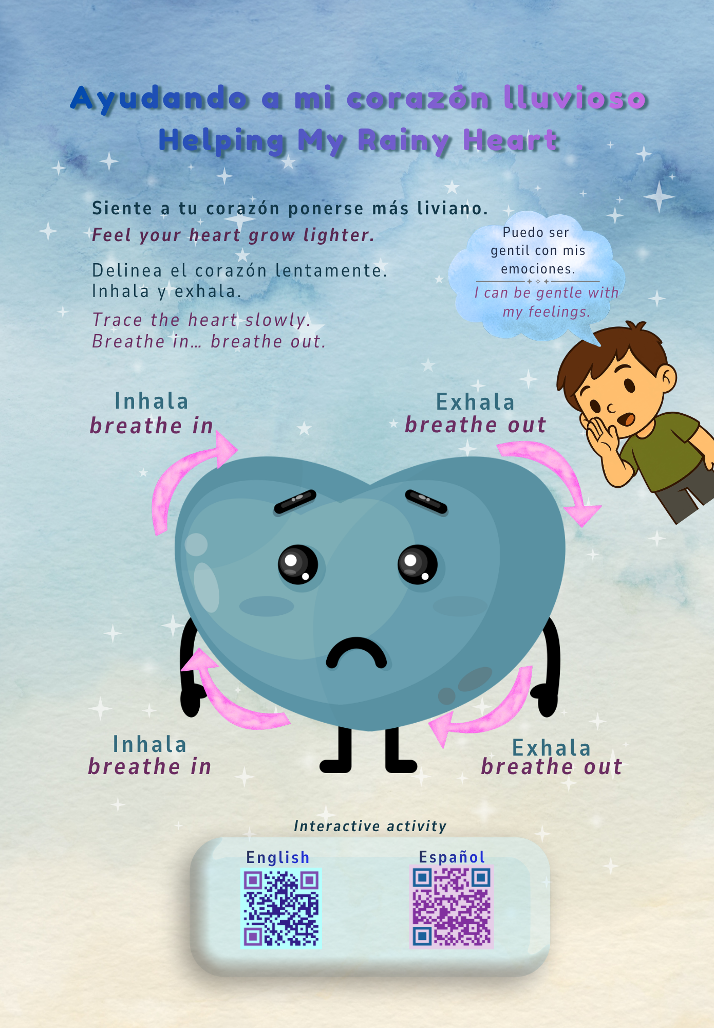 Educational poster on managing emotions with a cartoon heart and breathing instructions.