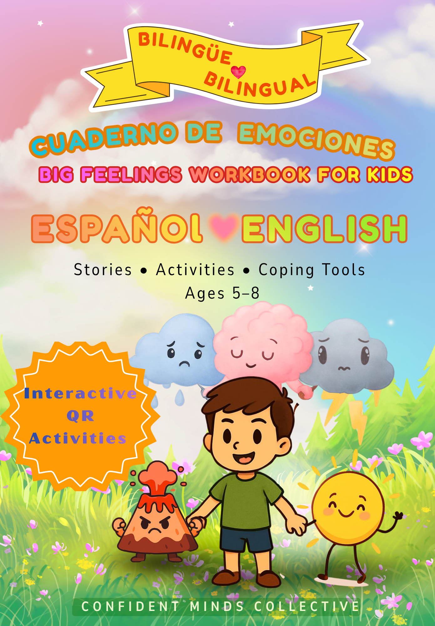 Cover of a bilingual feelings workbook for kids with colorful characters and text.