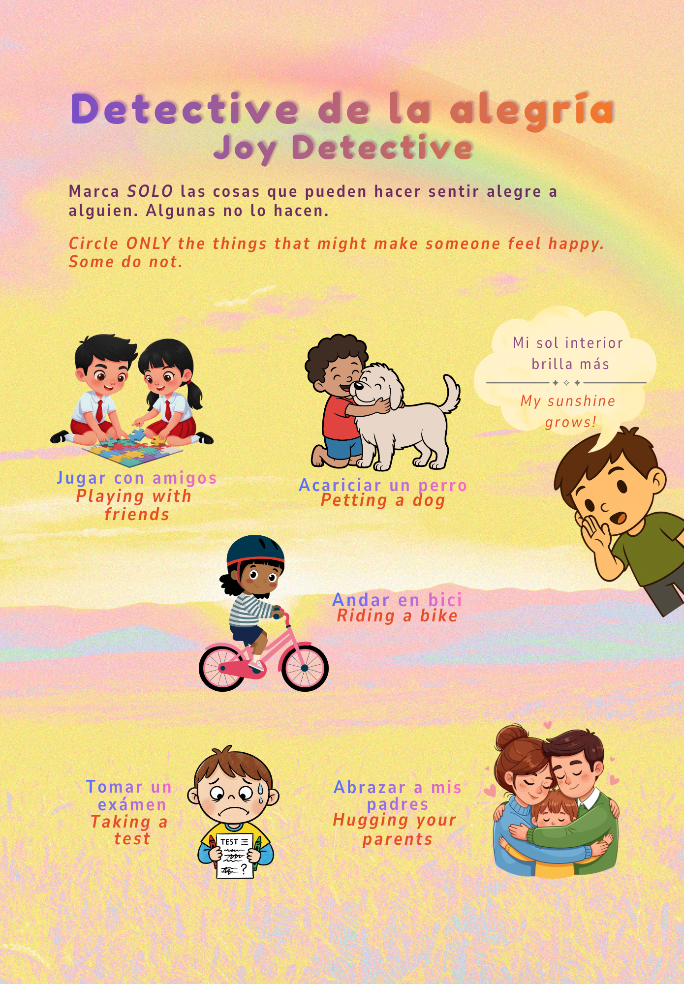 Educational page for children with illustrations and text about choosing the option of what makes people experience joy or not