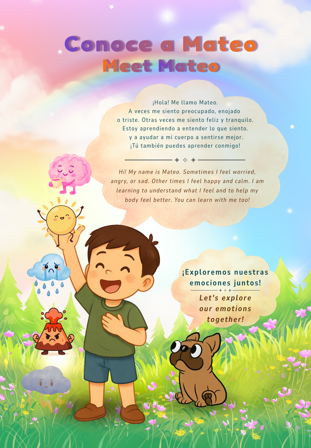 Children's book page with a boy, dog, and colorful characters on a grassy background