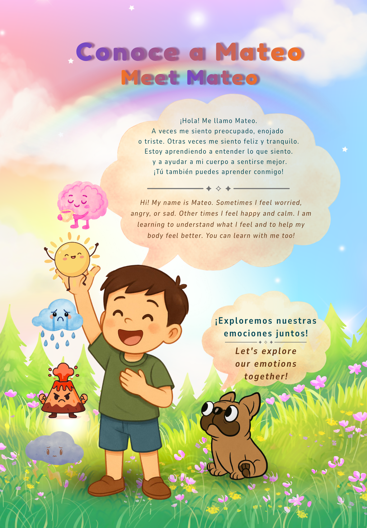 Children's book page with a boy, dog, and colorful characters on a grassy background