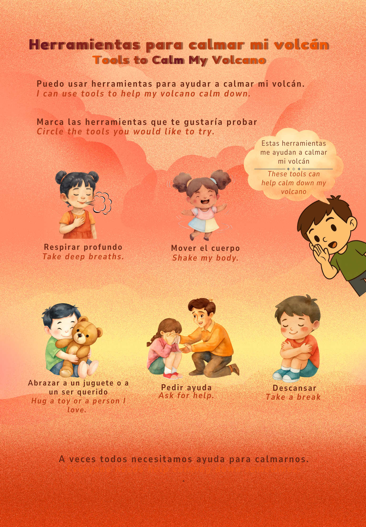 Educational page for children with illustrations and text on tools to calm down