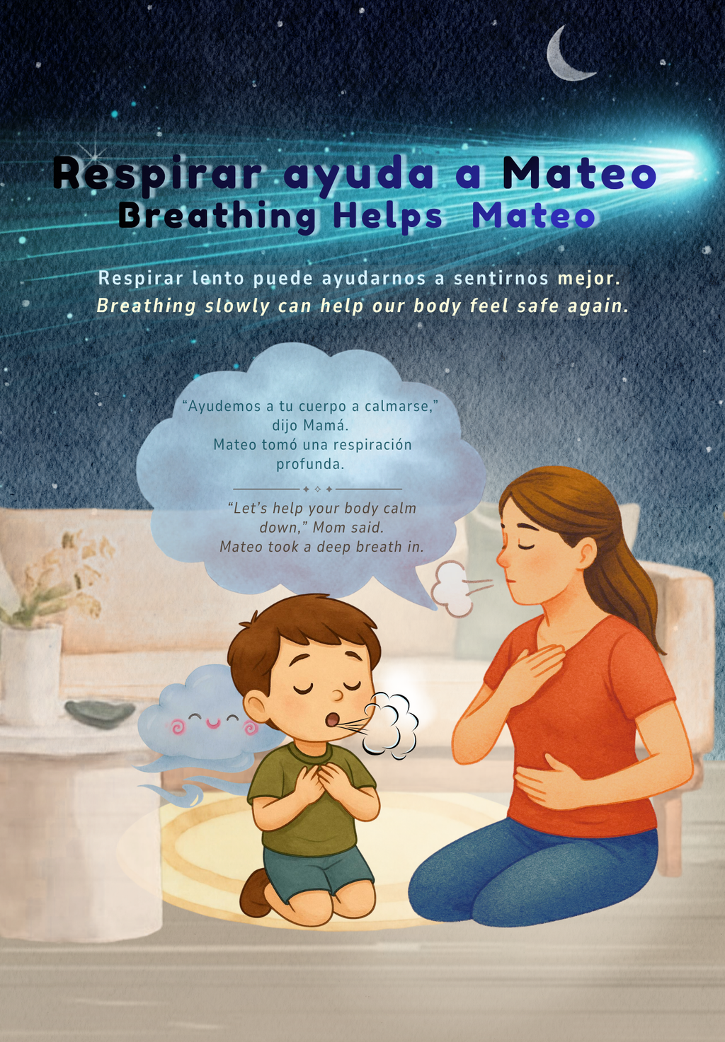 Illustration of a child and adult practicing deep breathing together with a starry night background.