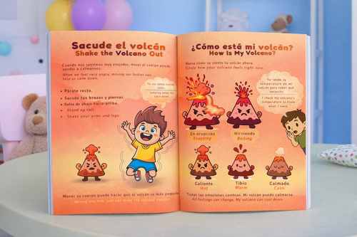 Open book with educational content about volcanoes on a colorful background