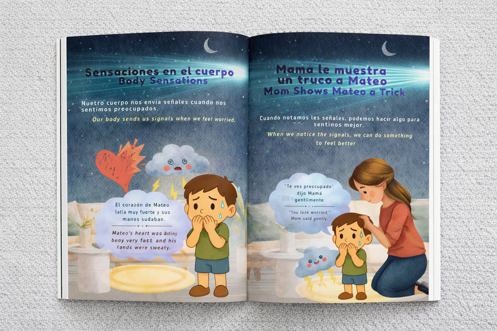 Bilingual SEL workbook open spread showing Spanish and English on the same page for kids ages 5-8