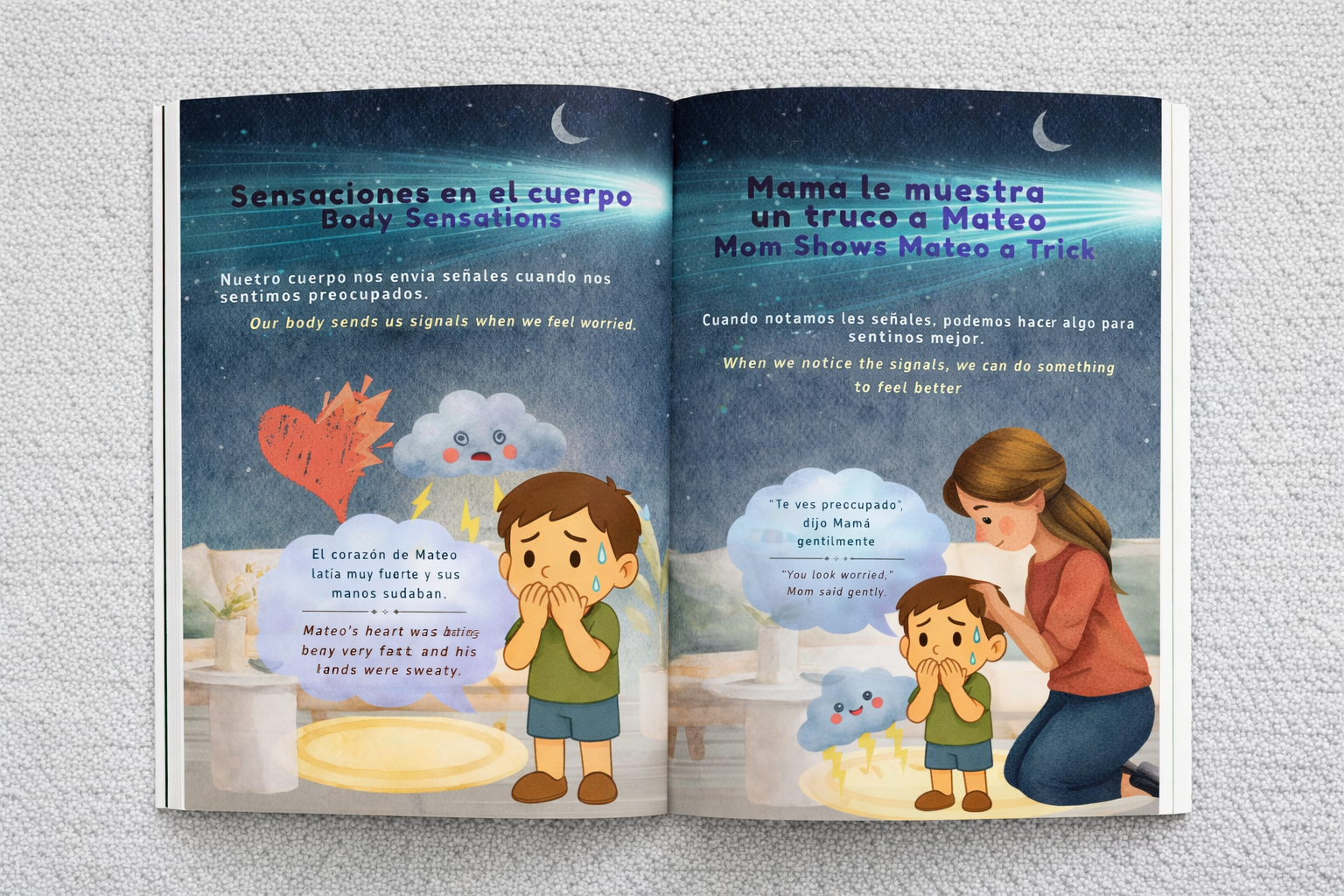 Bilingual SEL workbook open spread showing Spanish and English on the same page for kids ages 5-8